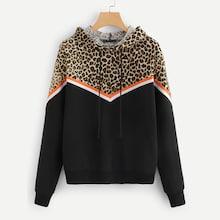Romwe Leopard Contrast Striped Hoodie