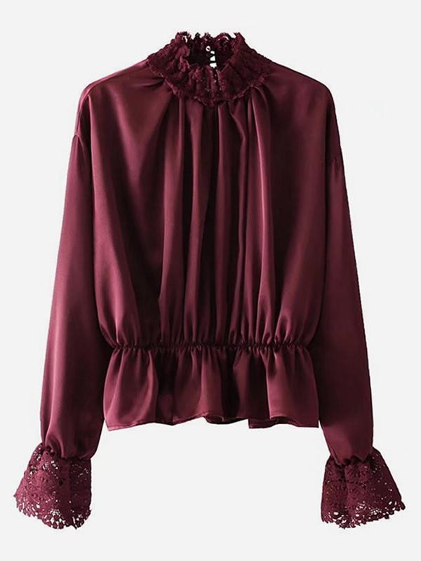 Romwe Lace Trim Satin Peplum Blouse
