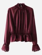 Romwe Lace Trim Satin Peplum Blouse