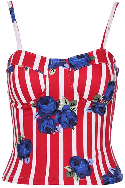 Romwe Rose & Striped Print Red Camisole Bandeau