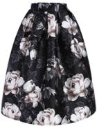 Romwe Flower Print Flare Black Skirt
