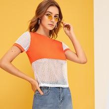 Romwe Cut And Sew Panel Fishnet Tee