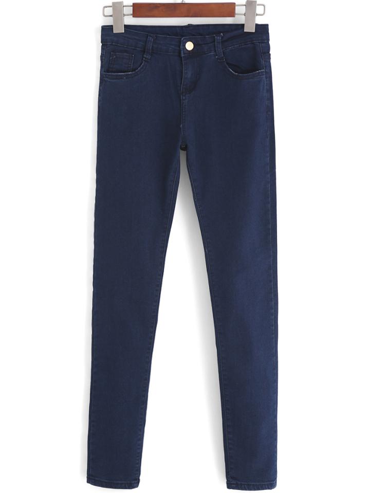 Romwe With Pockets Slim Denim Blue Pant