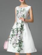 Romwe White Crew Neck Floral A-line Dress