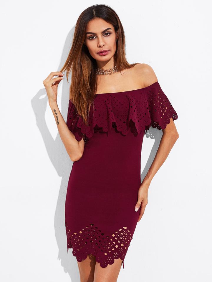 Romwe Laser Cut Scallop Trim Bardot Dress
