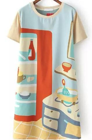Romwe Short Sleeve Cartoon Print Straight Dress