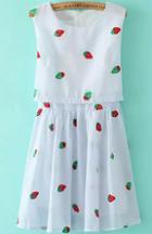 Romwe Round Neck Strawberry Embroidered Blue Dress