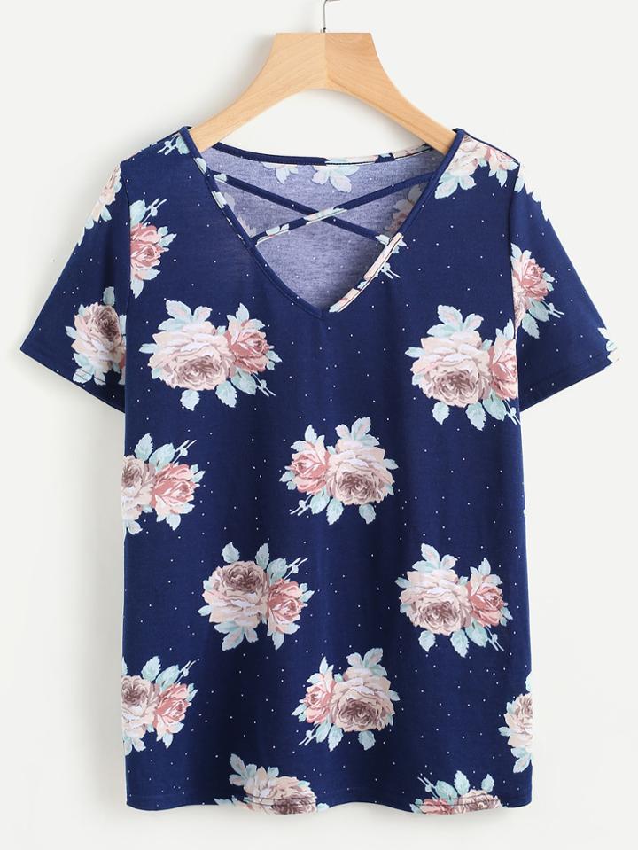 Romwe Rose Cluster Print Crisscross V Neck T-shirt