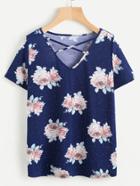 Romwe Rose Cluster Print Crisscross V Neck T-shirt