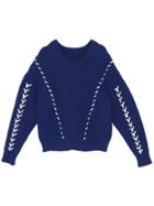 Romwe Round Neck Ribbon Loose Blue Sweater