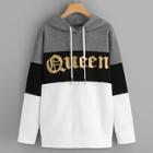 Romwe Plus Cut And Sew Panel Letter Print Hoodie