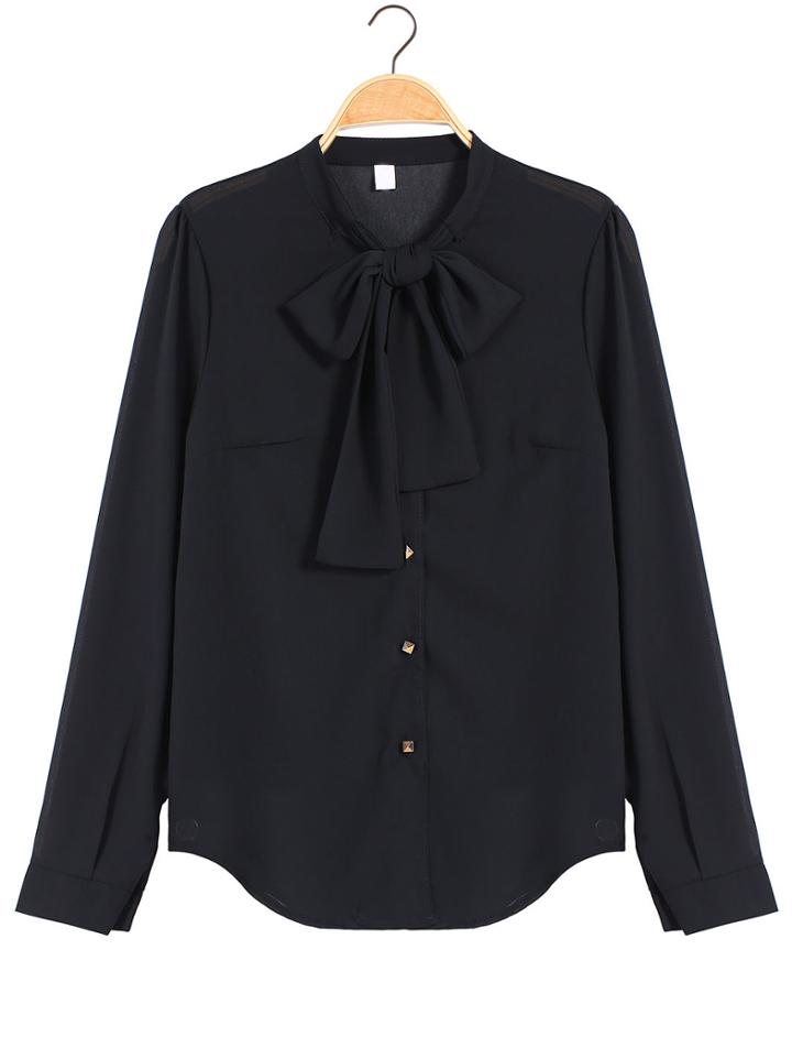 Romwe Knotted Collar Loose Black Blouse