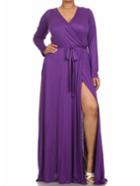 Romwe V Neck Slit Belt Maxi Purple Dress