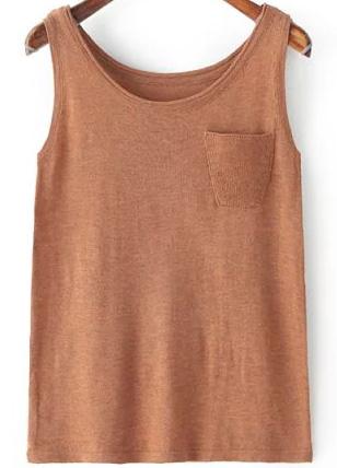 Romwe Brown Round Neck Pocket Tank Top