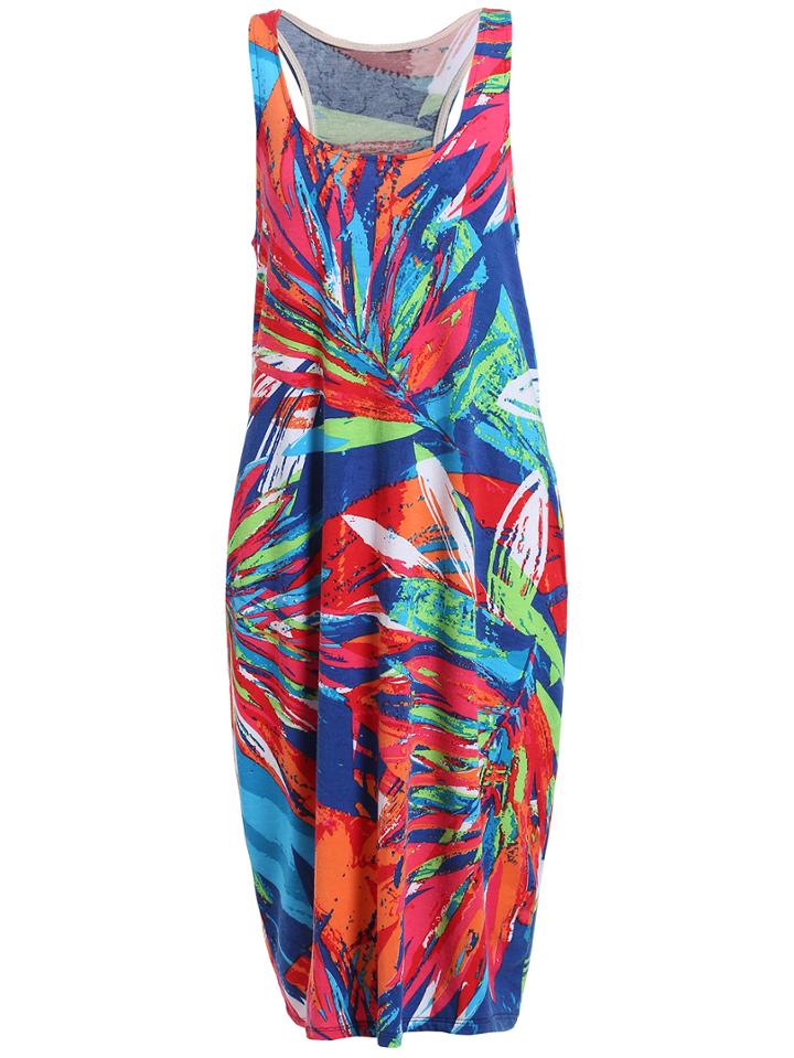 Romwe Sleeveless Leaves Print Tshirt Dress