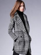 Romwe Black V Neck Long Sleeve Houndstooth Pockets Coat