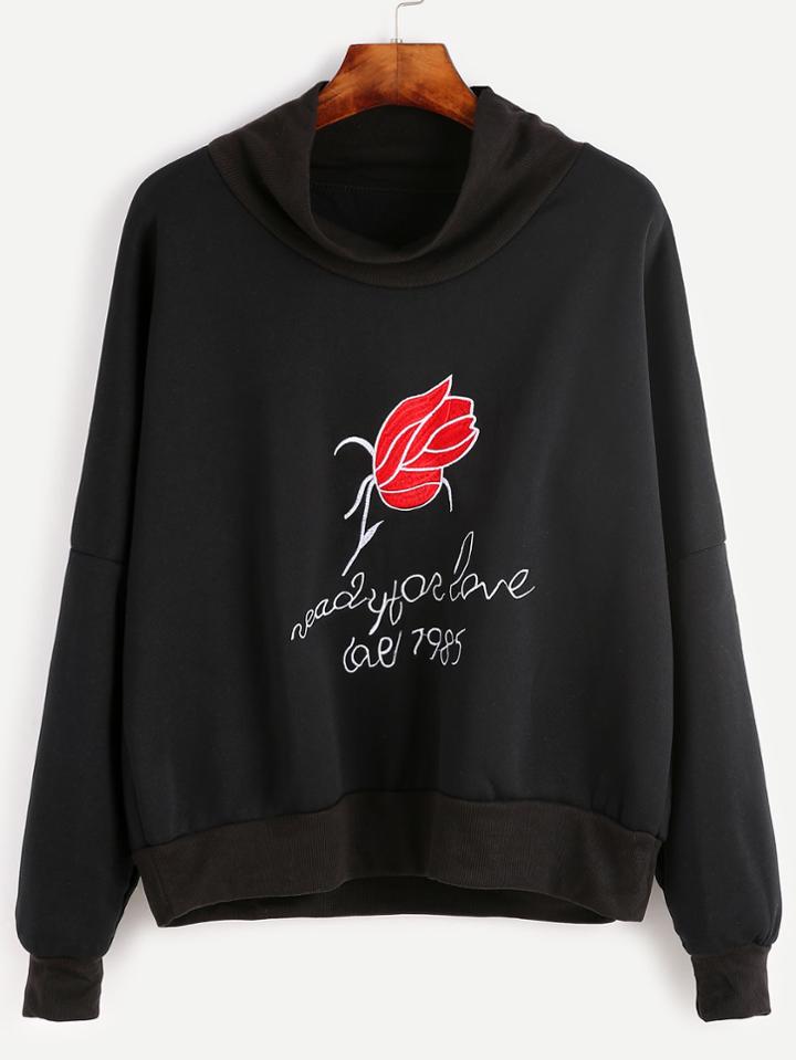 Romwe Black High Neck Drop Shoulder Rose Embroidery Sweatshirt