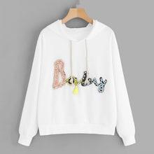 Romwe Pearls Beaded Drawstring Letter Hoodie