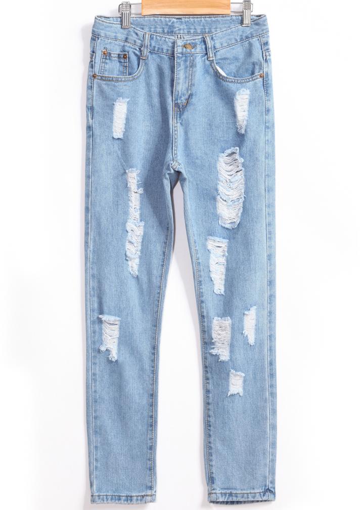 Romwe With Pocket Ripped Denim Slim Pant
