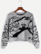 Romwe Grey Avatar Pattern Fuzzy Sweater