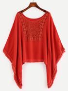 Romwe Lace Insert Tassel Trimmed Poncho Blouse - Red