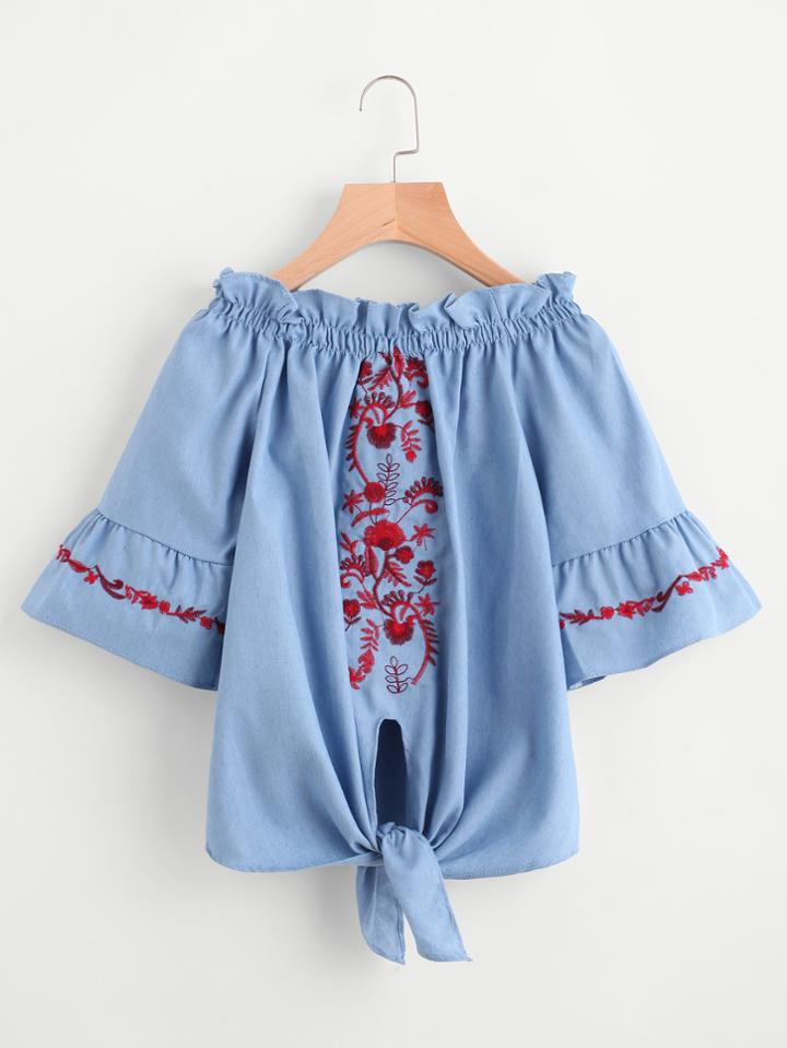 Romwe Embroidery Frill Trim Knotted Hem Denim Top