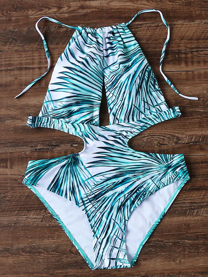 Romwe Green Tropical Print Cutout Monokini