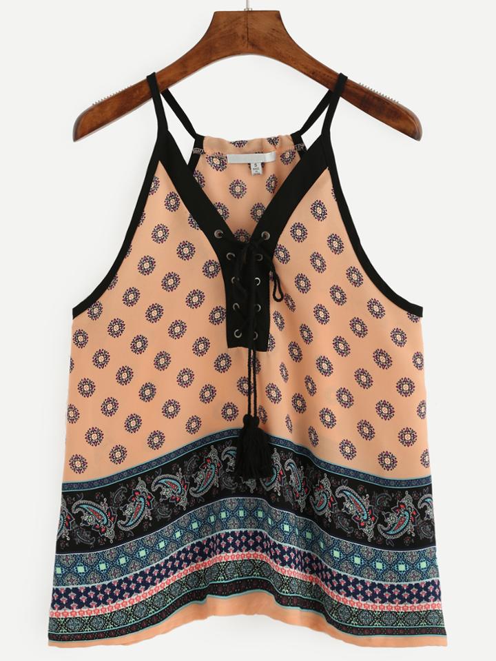 Romwe Pink Vintage Print Eyelet Lace Up Cami Top
