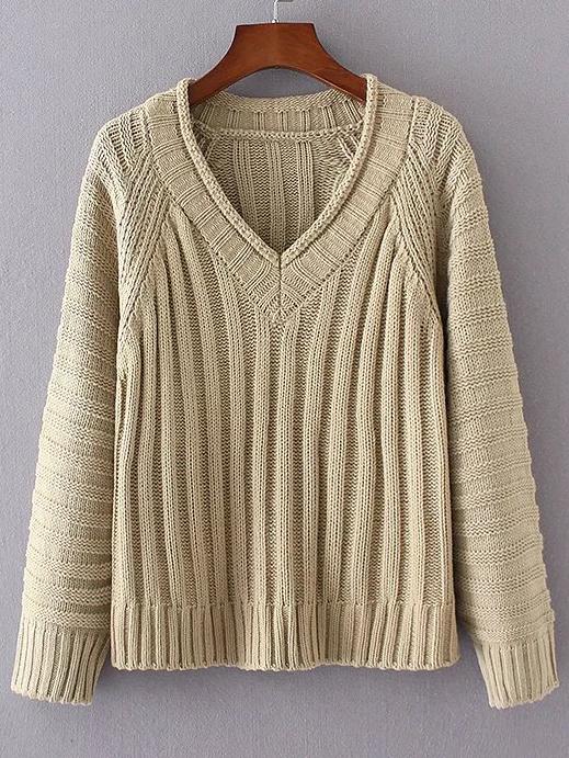 Romwe Khaki V Neck Loose Sweater