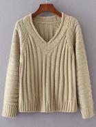 Romwe Khaki V Neck Loose Sweater