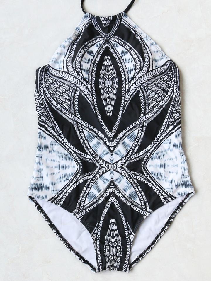 Romwe Black Abstract Print Halter One-piece Swimwear