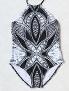 Romwe Black Abstract Print Halter One-piece Swimwear