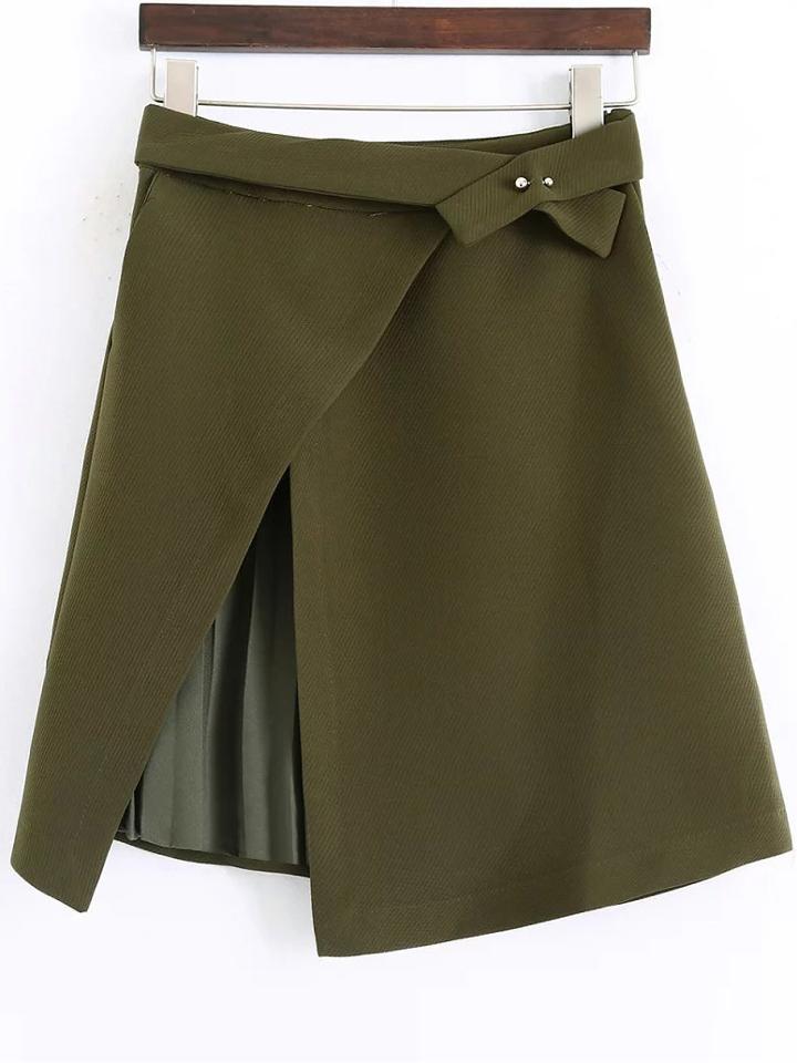 Romwe Army Green Pleated Detail Asymmetrical Skirt