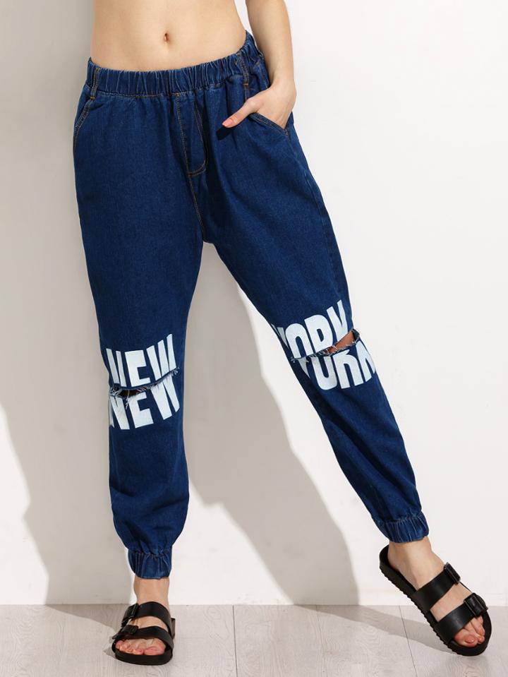 Romwe Blue Letter Print Knee Ripped Elastic Hem Jeans