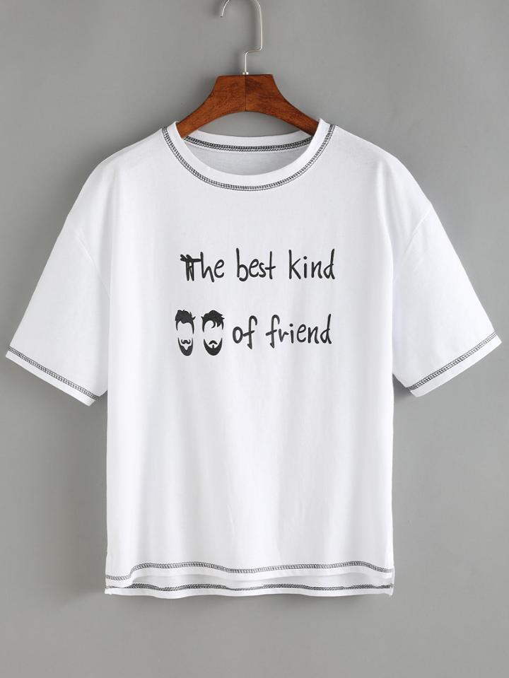 Romwe Letter Print Contrast Stitch T-shirt