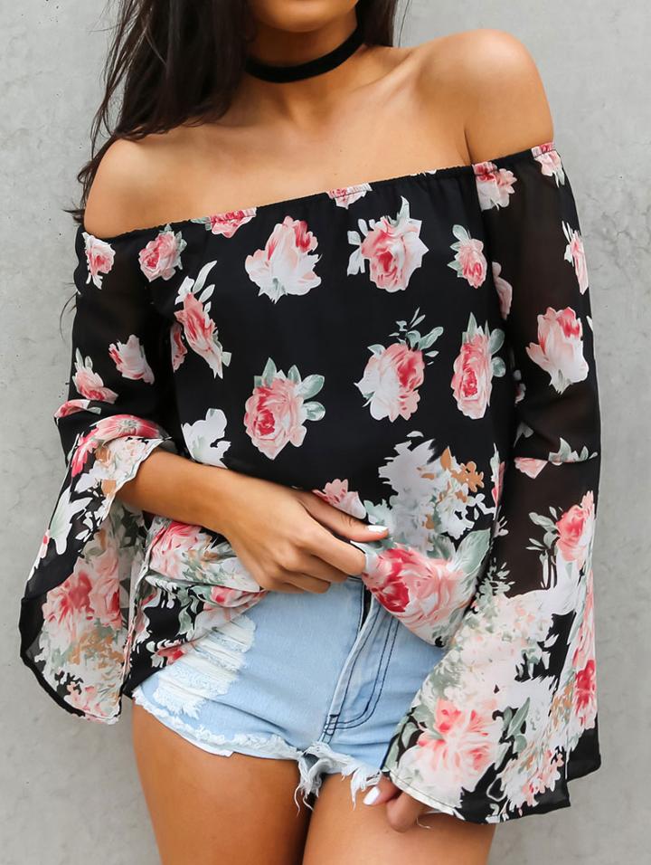 Romwe Black Off The Shoulder Florals Chiffon Top