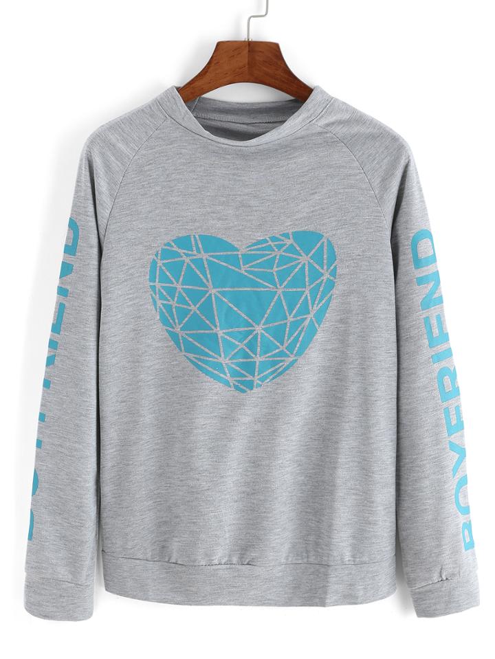 Romwe Raglan Sleeve Heart Print Grey Sweatshirt