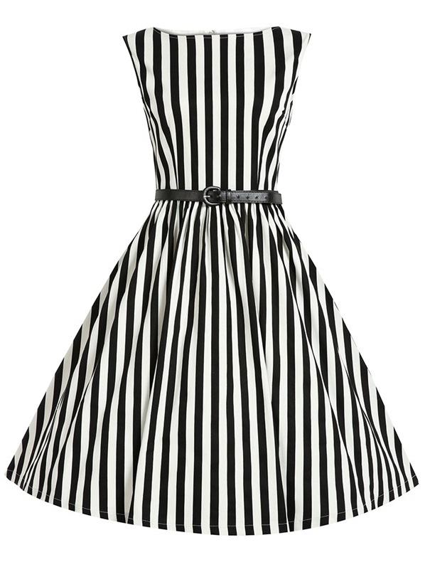 Romwe Black Vertical Striped Flare Dress With Belt
