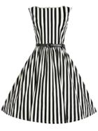 Romwe Black Vertical Striped Flare Dress With Belt