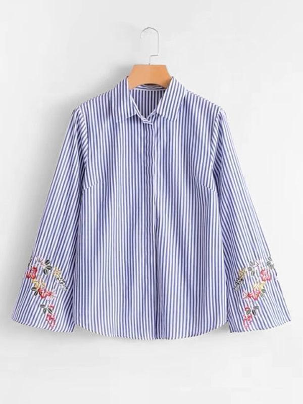 Romwe Embroidery Sleeve Striped Blouse