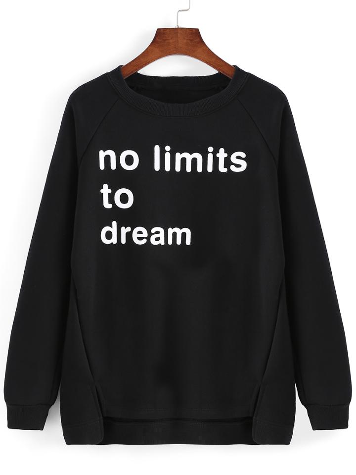 Romwe Letter Print Dip Hem Black Sweatshirt