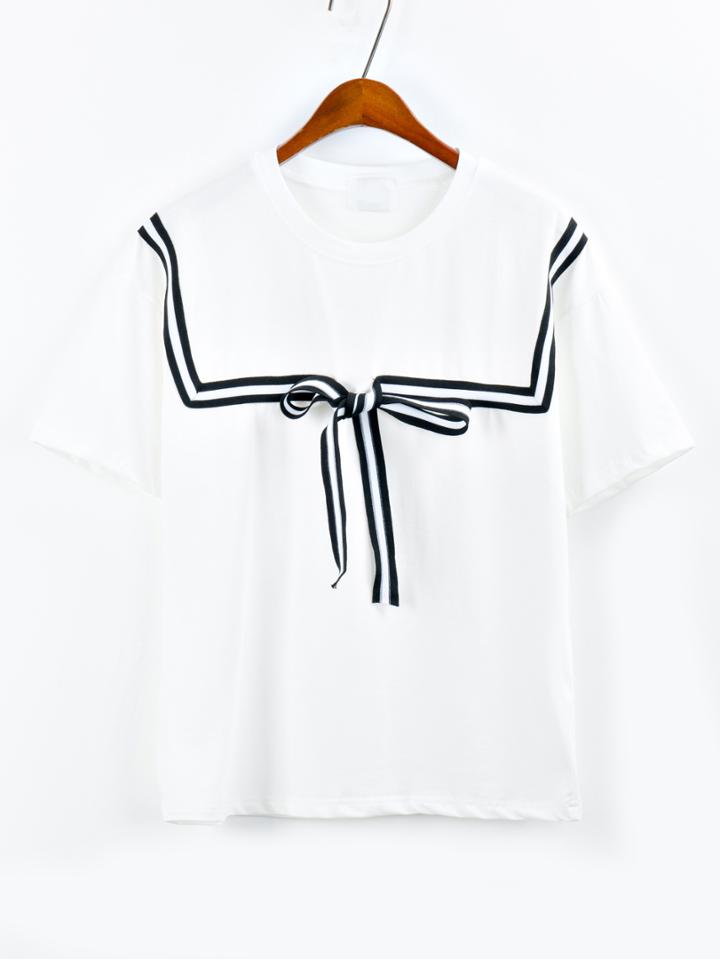 Romwe Striped Bow Embellished T-shirt - White