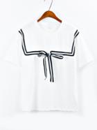 Romwe Striped Bow Embellished T-shirt - White