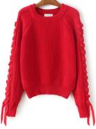 Romwe Red Lace Up Detail Raglan Sleeve Sweater