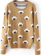 Romwe Bear Print Khaki Sweater