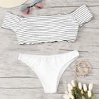 Romwe Striped Lettuce Trim Short Sleeve Bikini Set