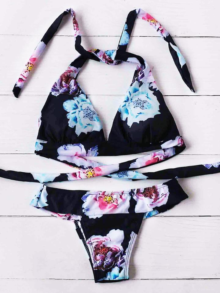 Romwe Black Floral Print Tied Bikini Set