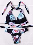 Romwe Black Floral Print Tied Bikini Set