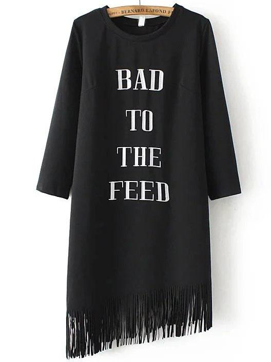 Romwe Black Letter Embroidery Fringe Hem  Dress