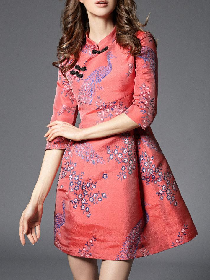Romwe Hot Pink Collar Flowers Embroidered Dress